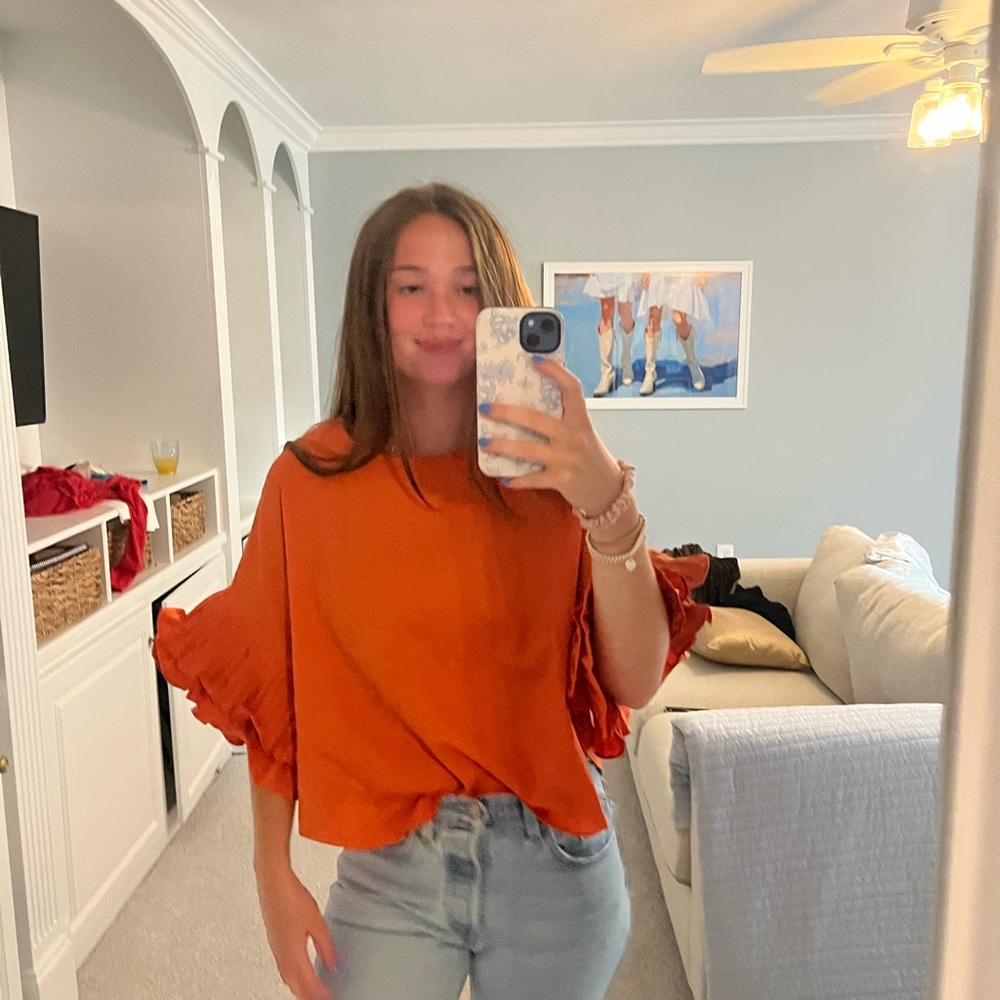 ORANGE RUFFLE SLEEVE TEE SHIRT - Picture 2 of 4